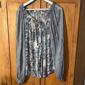 Free People Gray and Cream Floral Blouse